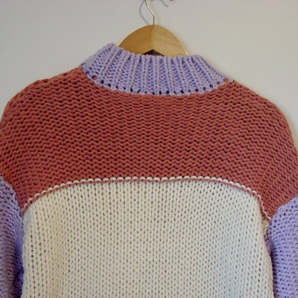 Dreamers Chunky Knit Sweater Colourblock Purple Pink Cream Mock Neck Size Small - Picture 11 of 12